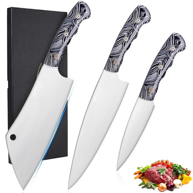 Topfeel 3PCS Professional Chef Knife Set, Ultra Sharp Japanese Kitchen Knife, German High Carbon Stainless Steel 8 inch Meat Cleaver 8 inch Chef's Knives 5 inch Utility Knife with Gift Box