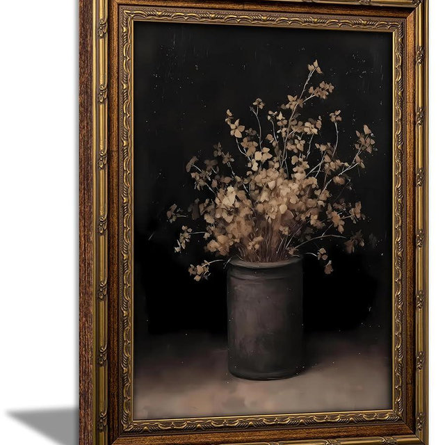 Vintage Gold Framed Wall Art Fall Dried Flowers Antique Vase Country Oil Painting Canvas Prints Dark Moody Rustic Still Life Picture Gothic Victorian Botanical Poster Artwork for Bedroom, 9x11in