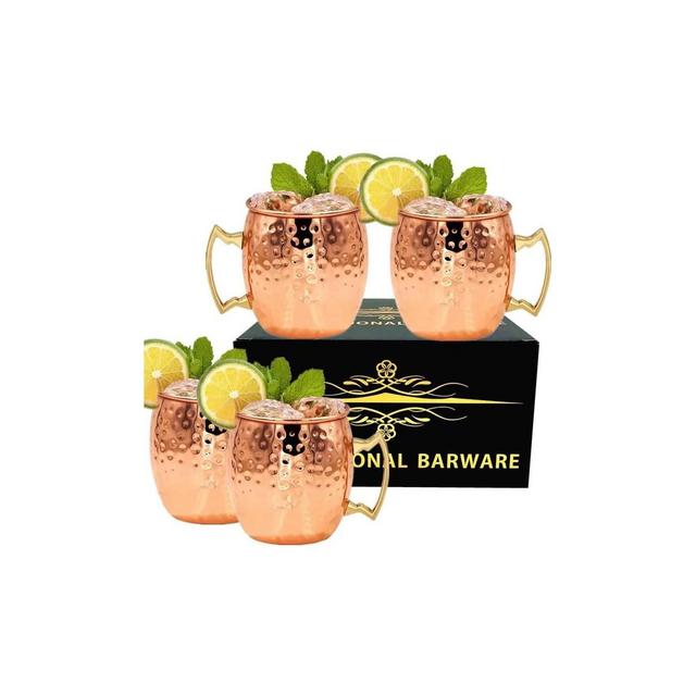 J&V TEXTILES Moscow Mule Mugs, 16 oz Copper Plated, Stainless Steel Lined, Set of 4, Gold Brass Handles