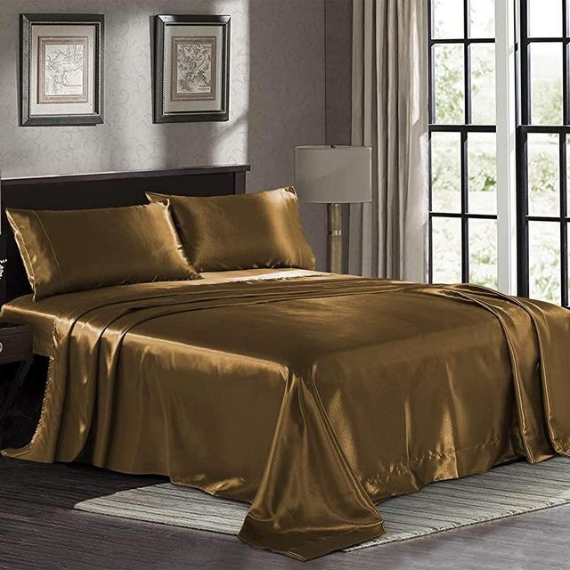 Satin Sheets King [4-Piece, Coffee] Hotel Luxury Silky Bed Sheets - Extra Soft 1800 Microfiber Sheet Set, Wrinkle, Fade, Stain Resistant - Deep Pocket Fitted Sheet, Flat Sheet, Pillow Cases