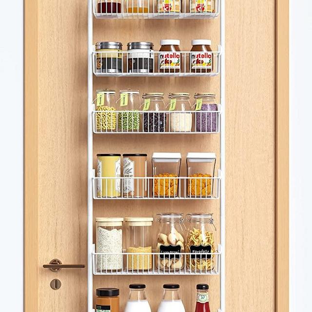 Over the Door Pantry Organizer, W17.5inch 6-Tier Metal Pantry Door Organizer-Spice Rack, Capacious Mesh Basket for Easy Install, 60 LBS Load Over the Door Organizer Storage, L17.5W6.7H53.7in, White