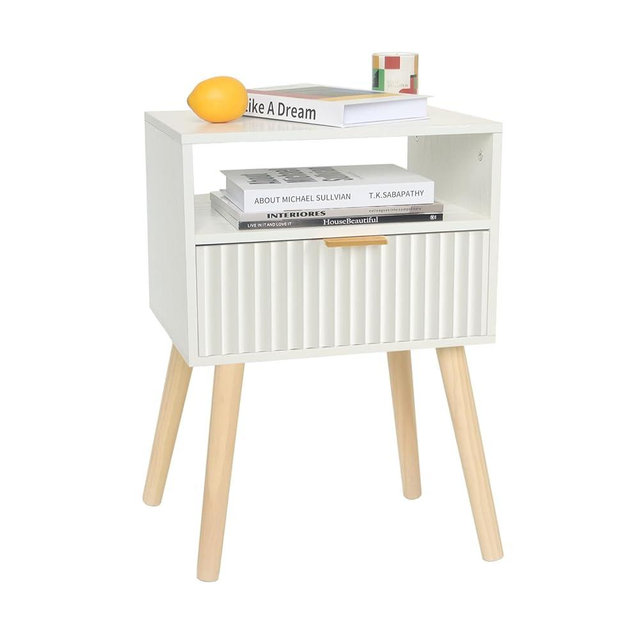 Fultyle Night Stand, White Bedside Table with Drawers and Open Shelf, Fluted Nightstand with Solid Wood Legs for Bedroom, Dorm and Small Space (White)