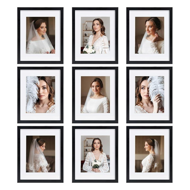 BSRHOME 11x14 Picture Frame Set of 9, Display Pictures 8x10 with Mat or 11x14 without Mat, Multi Collage Gallery Square Photo Frames for Wall or Tabletop, Black