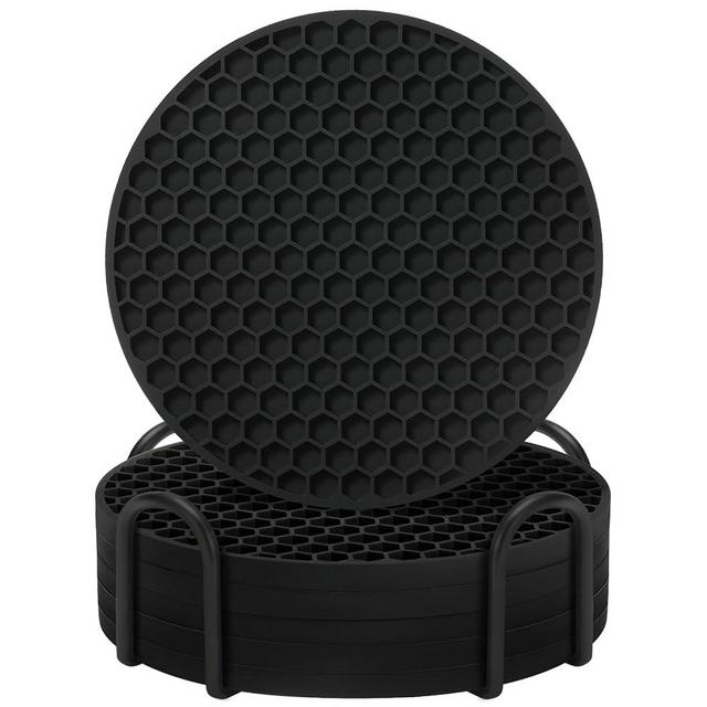 Coasters Set of 6 with Holder,Coasters for Drinks,Coffee Table Decor Coaster,Suitable for Kinds Cups,Anti-Slip,Non-Stick,Silicone Cup Coaster and Living Room Decor (6 Pcs, Black)