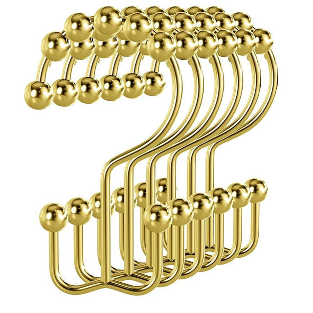Bathway Shower Curtain Hooks Gold Shower Curtain Rings, 12 Pcs Double Hook Shower Curtain Hooks Rings Rust Shower Curtain Hangers Proof, Metal Shower Hooks for Bathroom Shower Curtain Rod