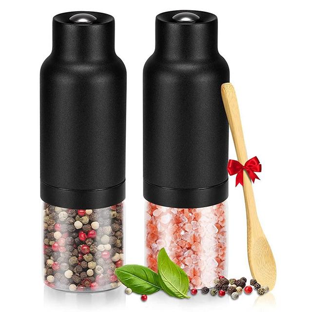 JXXM Gravity Electric Salt and Pepper Grinder Set, Automatic One Hand Pepper Mill Grinder with Battery Operated 2 Pack