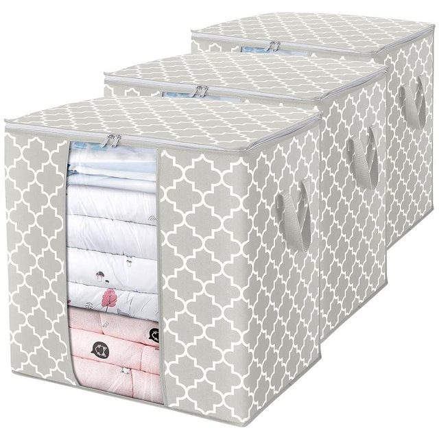 WISELIFE Storage Bags 3 Pack/100L Large Blanket Clothes Organization and Storage Containers for Comforters,Bedding, Foldable Organizer with Reinforced Handle, Clear Window, Sturdy Zippers,Lvory