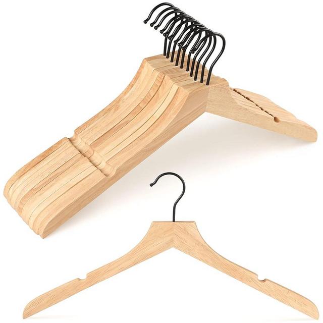TOPIA HANGER Rubber Wood Hangers, Wooden Clothes Hangers with Rotatable Black Hook and Smooth Cut Nothces, Set of 12 Durable and Slim Hangers for Coats, Suits, Jackets, Sweaters, Dresses - CTS01N