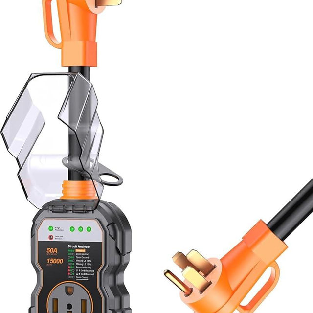GEARGO RV Surge Protectors 50 Amp, 15000 Joules RV Circuit Analyzer, IP68 Surge Voltage Protection, RV Adapter Plug for Camper (Orange)