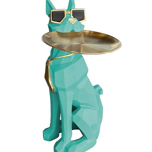 Emppgs Modern Geometric Dog Side Table – Green Resin Sculpture with Gold Accents & Sunglasses and Functional Tray Perfect for Living Room, Entryway, Office, or as Chic Home Decor Gift