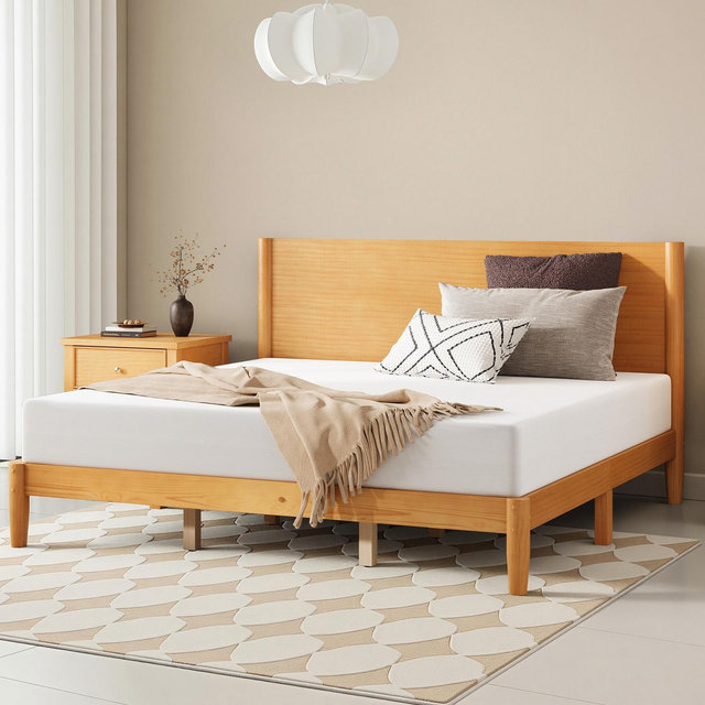 AMERLIFE King Solid Pine Wood Bed Frame Platform with Full Panel Headboard, Natural Wood
