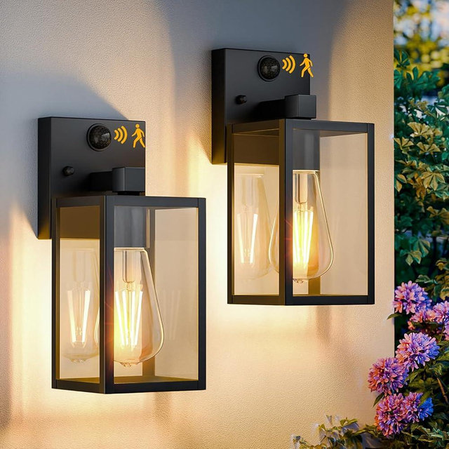 FNYUSLET 2 Pack Motion Sensor Outdoor Light Fixtures Wall Mount, Small Front Porch Lights for House, Exterior Wall Sconce, Black Waterproof Lantern Lamp,Outside Coach Light for Garage Entryway Yard