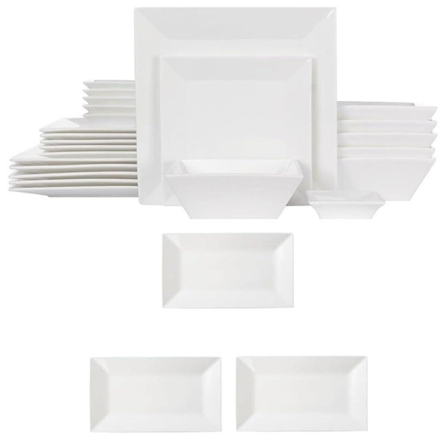 Porlien Classic White Square Dinnerware Set for 6 & Rectangular Serving Platters Set of 3