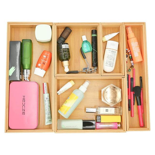 ORAF Bamboo Drawer Organizer 5 Piece Set, Desk Storage Box Tray for Office, Kitchen, Bedroom, Junk, Crafts and Sewing
