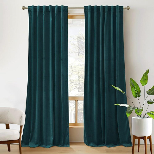RYB HOME Teal Velvet Curtains 92 inches, Back Tab Soft Fabric Room Darkening Thermal Insulated Luxurious Home Decor Curtains for Living Room Bedroom, W 52" x L 92", 2 Panels Set