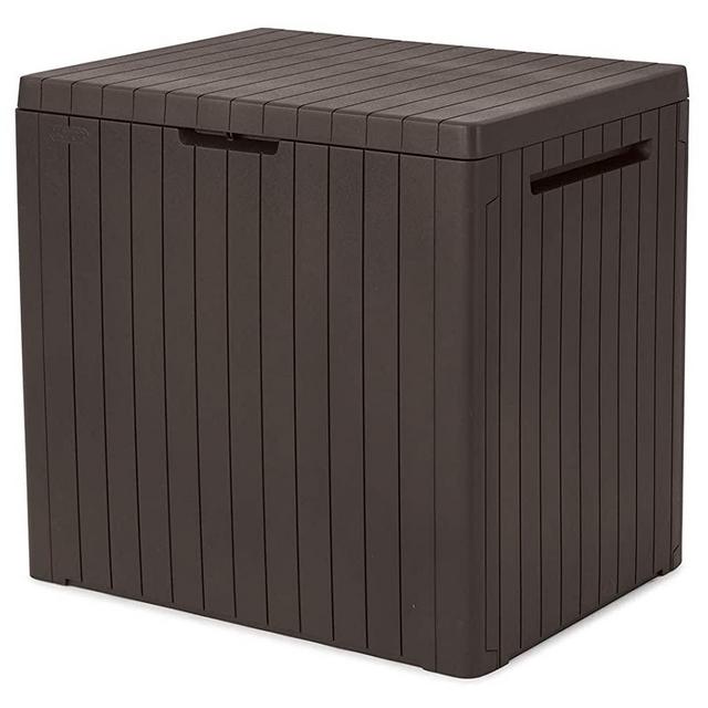 Keter City 30 Gallon Resin Deck Box for Patio Furniture, Pool Accessories, and Storage for Outdoor Toys, Brown