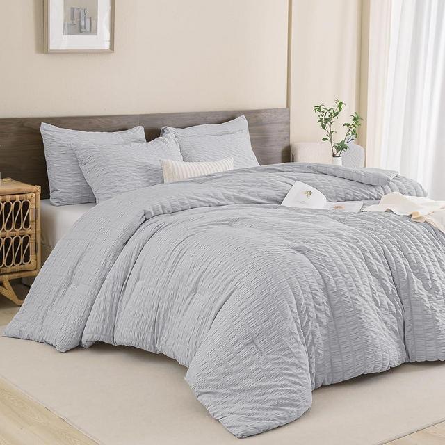 Andency Light Grey Comforter Set King, 3 Pieces Bedding Comforter Sets (1 Seersucker Textured Comforter & 2 Pillowcases), Lightweight Microfiber Down Alternative Bed Set (104x90 inches)