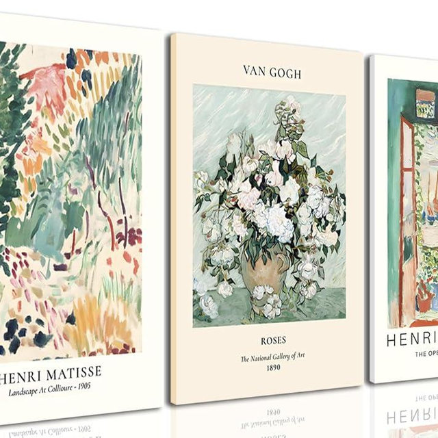 Hwetui Framed Sage Green Matisse Wall Art Set of 3 Vintage Vin Gogh Flower Market Posters Open Window Canvas Prints Abstract Aesthetic Artwork Painting Picture Decor for Living Room Bedroom 16"x24"