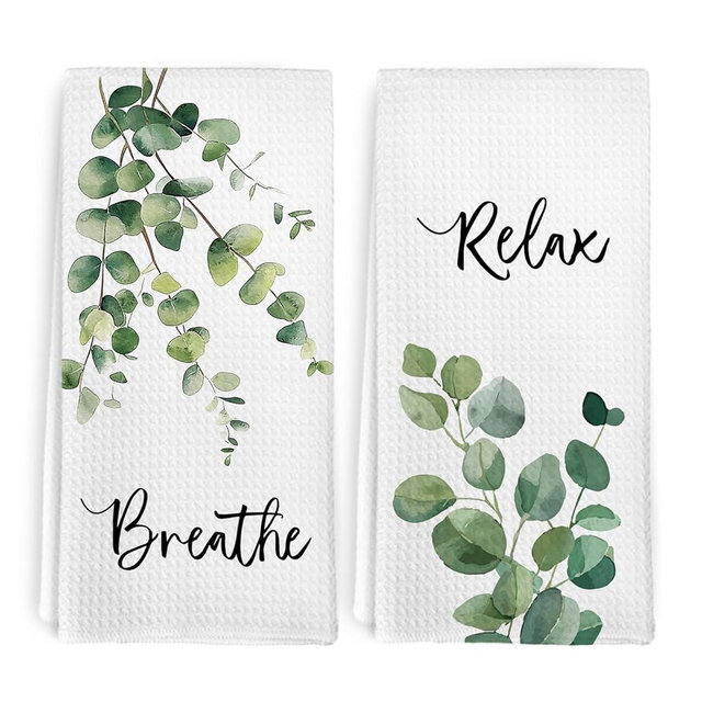 cvjutf Eucalyptus Sage Green Hand Towels for Bathroom, Sage Green Bathroom Decor, Plant Kitchen Towels Set of 2, Breathe Relax Eucalyptus Decorative Hand Tea Towel for Kitchen Decor, 16x24 Inch