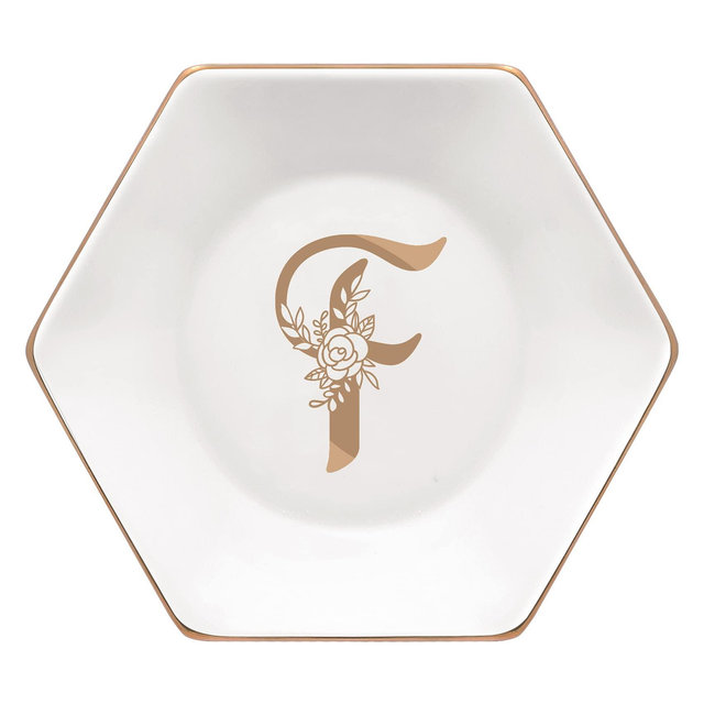 CARAKNOTS Birthday Gifts for Her Ring Dish Personalized Initial F Jewelry Dish with Gold Floral Sister Gifts from Sister Monogrammed Wedding Gifts for Bride Bridesmaid Friends Mom Trinket Tray Key Holder