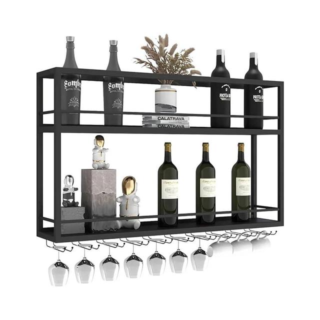 Industrial Wall Mounted Wine Rack, 2-Tier Wood Wine Bottle Shelf with Stemware Rack, Black Wine Glass Rack Multi Functional Wine Storage Display Rack for Home Bar Dining Room Kitchen (31.4×7.8×26in)