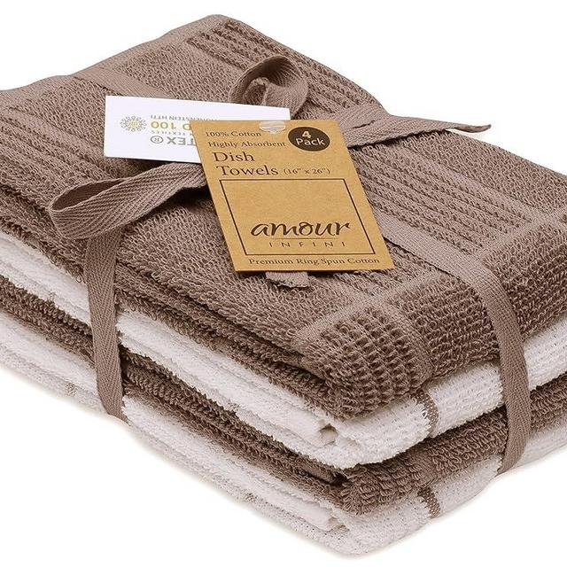 AMOUR INFINI Terry Kitchen Towels - Fast Absorbing Quick Dry Dish Rags with Hanging Loop - Pack of 4 Premium Terry Kitchen Towels Cleaning and Drying Dish (16 x 26 Inches - Brown)