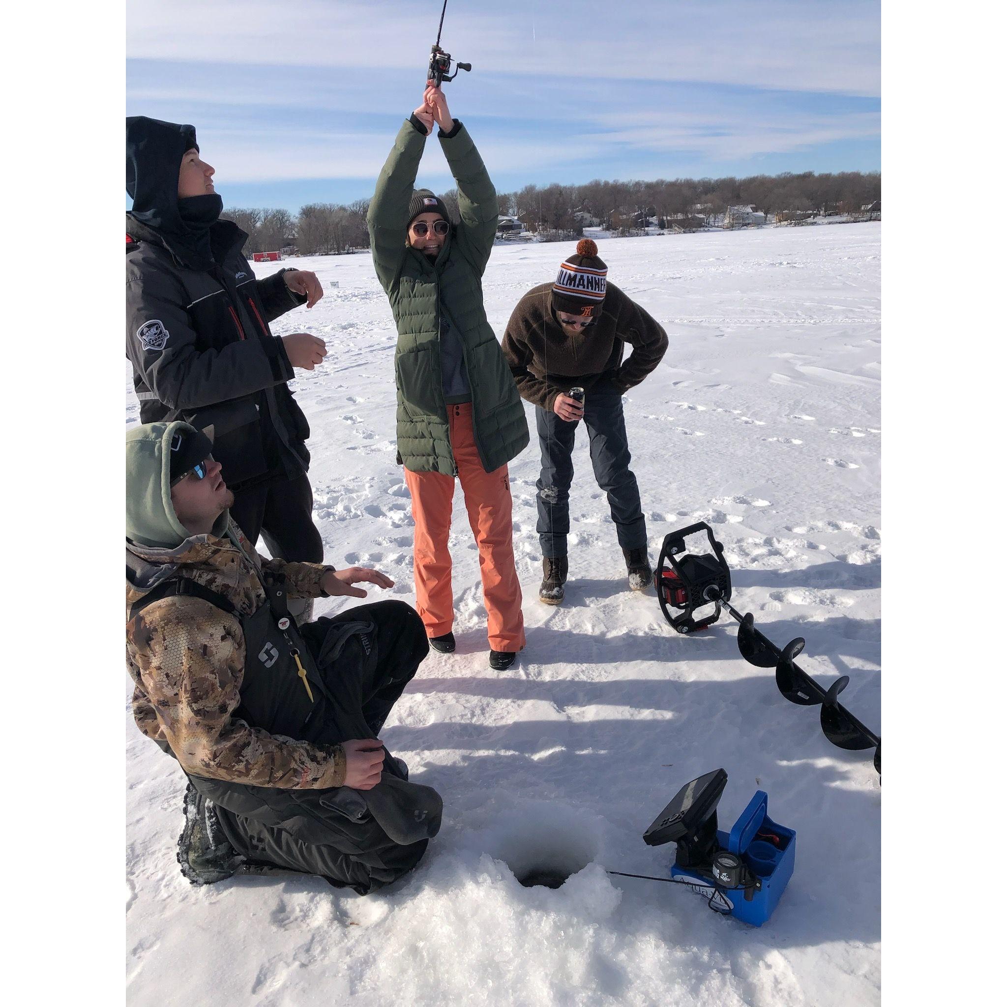 Claire invited Jake ice fishing with some friends. Claire was also the only person that caught a fish that day.