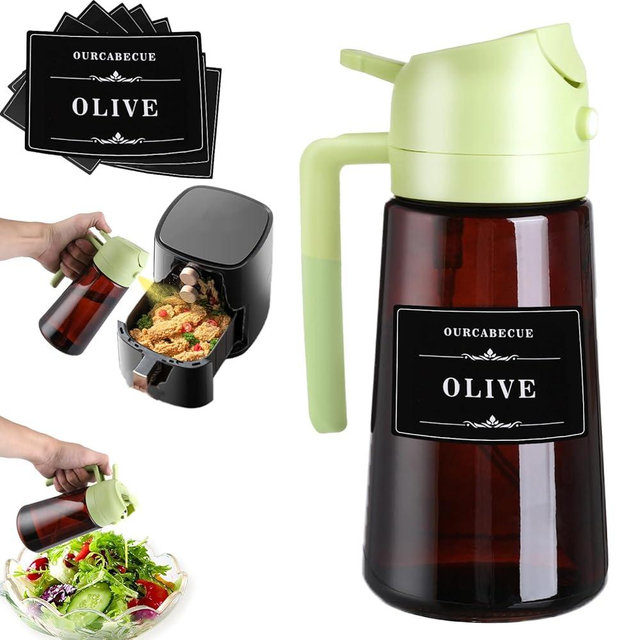 Kitchen Upgraded Made Oil Sprayer for Cooking, Dark Brown 2 in 1 Spray and Pour Olive Oil Dispenser 16oz 470ml Glass Oil Spray Bottle, Mist Olive Oil Dispensing , Air Fryer (Lightblocking Green 1PC)
