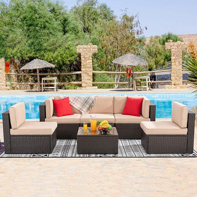 Vongrasig 6 Piece Small Patio Furniture Sets, Outdoor Sectional Sofa All Weather PE Wicker Patio Sofa Couch Garden Backyard Conversation Set with Glass Table,Beige Cushions and Red Pillows (Brown)