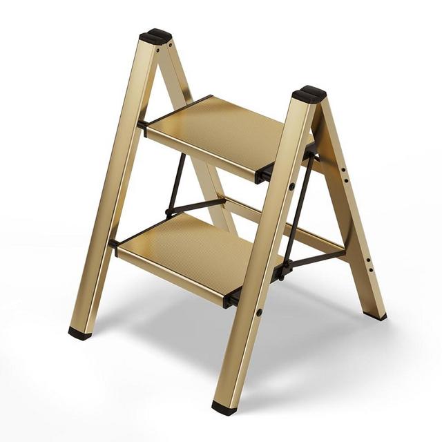 HillhutApex 2 Step Stool, Aluminum Foldable Step Ladder, Lightweight Stable Stool with Wide Non-Slip Pedals, 330lbs Bearing Capacity Ladder for Office,Home,Kitchen - Gold