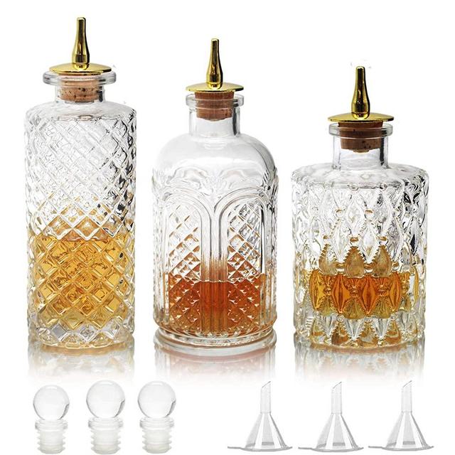 Suprobarware Bitters Bottle for Cocktails - Glass Bitters Bottle with Zinc Alloy Dash Antique Design Professional Grade Home Ready Restaurantware - BTSET0003 (3 pcs)