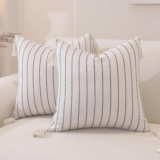 QDTTSRY Decorative Boho Throw Pillow Covers 20x20 Inch Set of 2, Navy Blue Striped Square Neutral Pillow Covers with Tassels, Soft & Cozy Farmhouse Couch Pillow Cases for Sofa Couch Bed Living Room