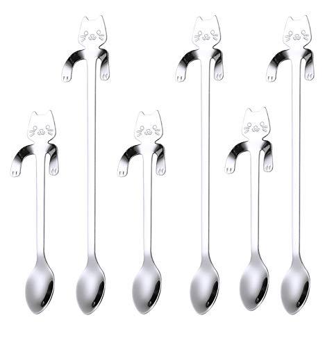 Cat Spoon Coffee Teaspoon, PBIEHSR Stainless Steel Hanging Cup Tea Spoon Two Different Lengths Dessert Scoop for Stirring Drink Mixing Milkshake Jam, Set of 6 (Silver)