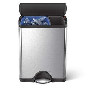 simplehuman 46 Liter / 12.2 Gallon Stainless Steel Rectangular Kitchen Dual Compartment Step Trash Can Recycler, Brushed Stainless Steel With Plastic Lid
