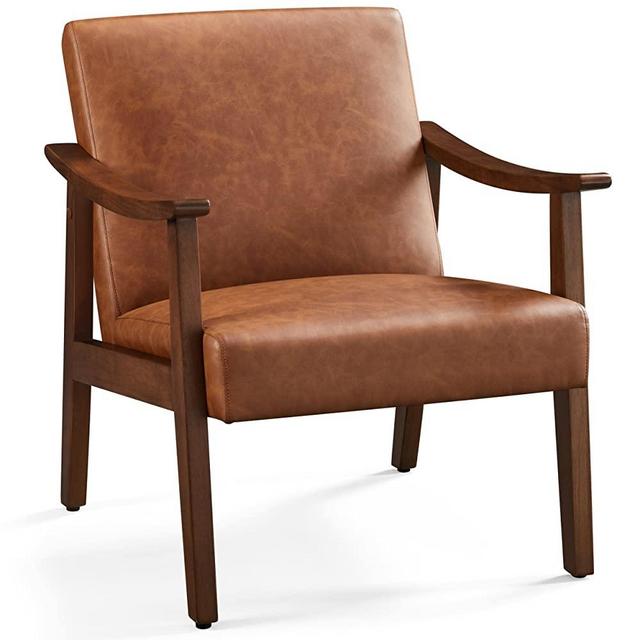 Yaheetech PU Leather Accent Chair, Mid-Century Modern Armchair with Solid Wood Legs, Reading Leisure Chair with High Back for Living Room Bedroom Waiting Room,Brown