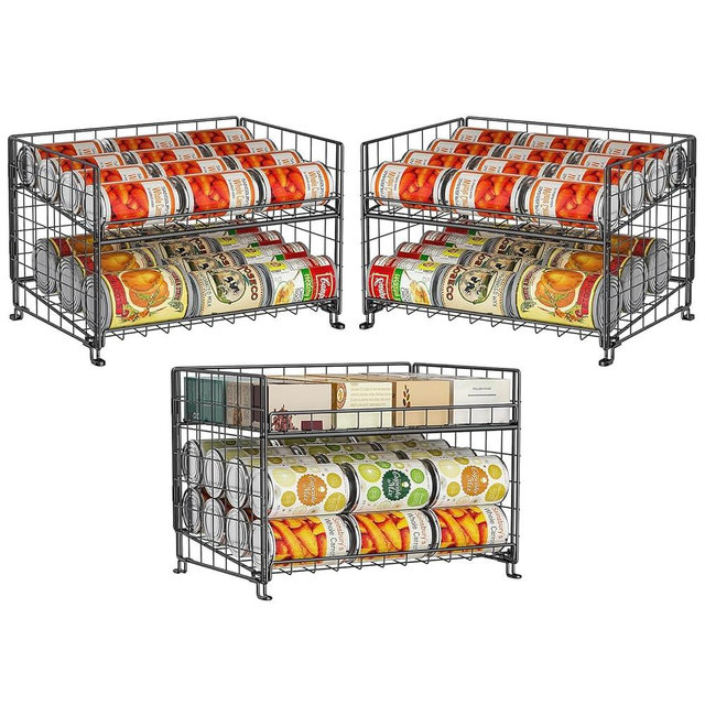 Adjustable Rack Organizer, Stackable 2-Tier Storage for Kitchen Pantry Cabinet, Can Holders for Food, Multifunctional Dispenser for Snacks Soda-3 Pack