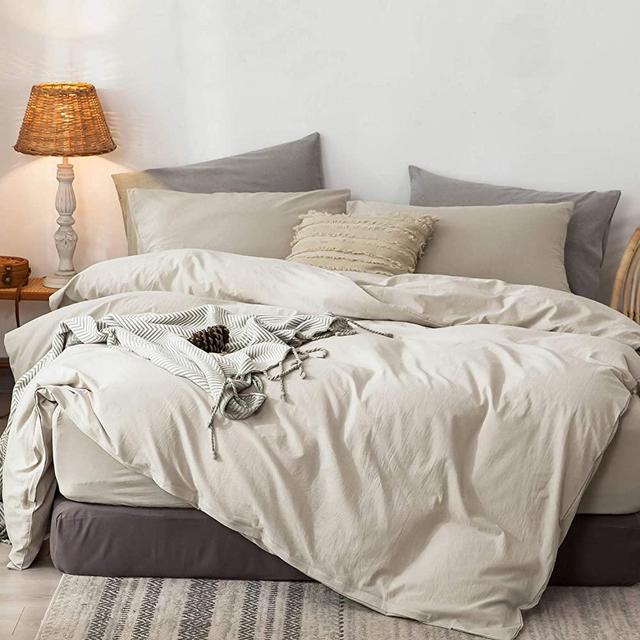 MooMee Bedding Duvet Cover Set 100% Washed Cotton Linen Like Textured Breathable Durable Soft Comfy (3pcs, Cream Grey, King)