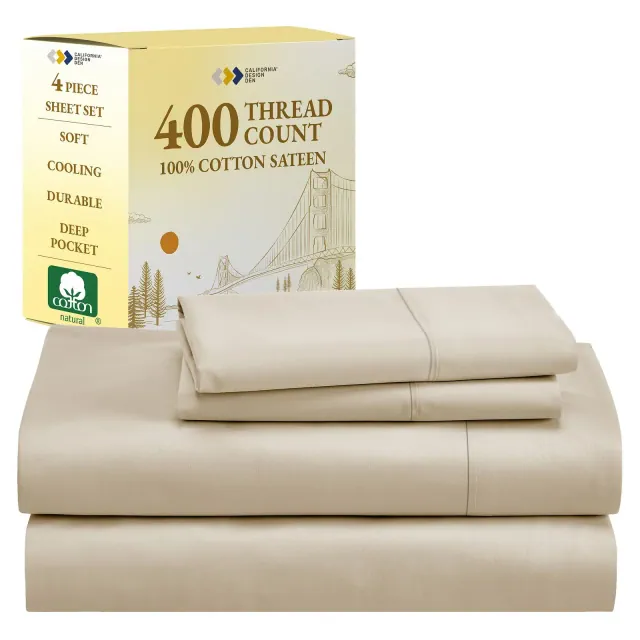 Beige King Sheet Set - 100% Cotton Sheets, Sateen Weave, 400 Thread Count Cooling Sheets, Deep Pocket 4 Pc Soft Bedding - California Design Den
