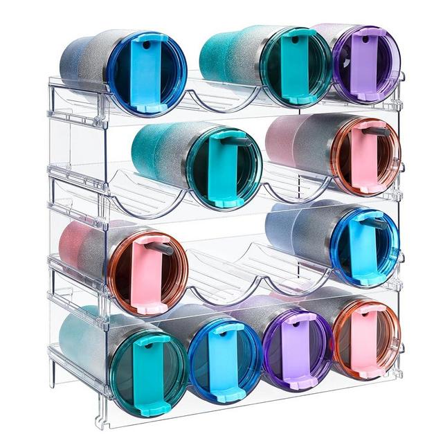 IROONN Water Bottle Organizer for Cabinet, Stackable Water Bottle Storage Rack, 4 Tier Water Bottle Holder for Kitchen Pantry, Tumbler Travel Mug Cup Organizer, Hold 16 Bottles