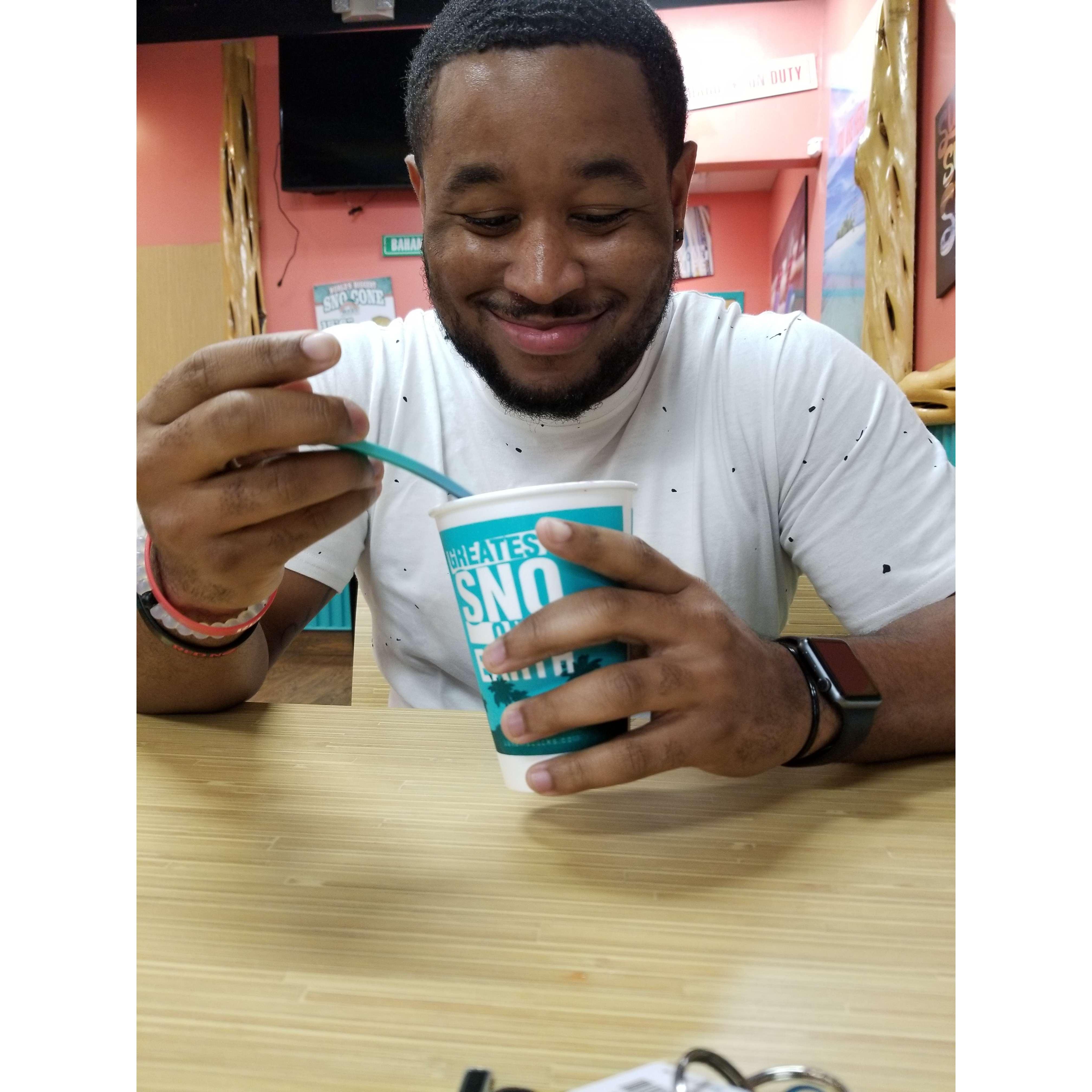 Date first for Anthony, Bahama Bucks. Little did he know, snow cones are a staple in this household.