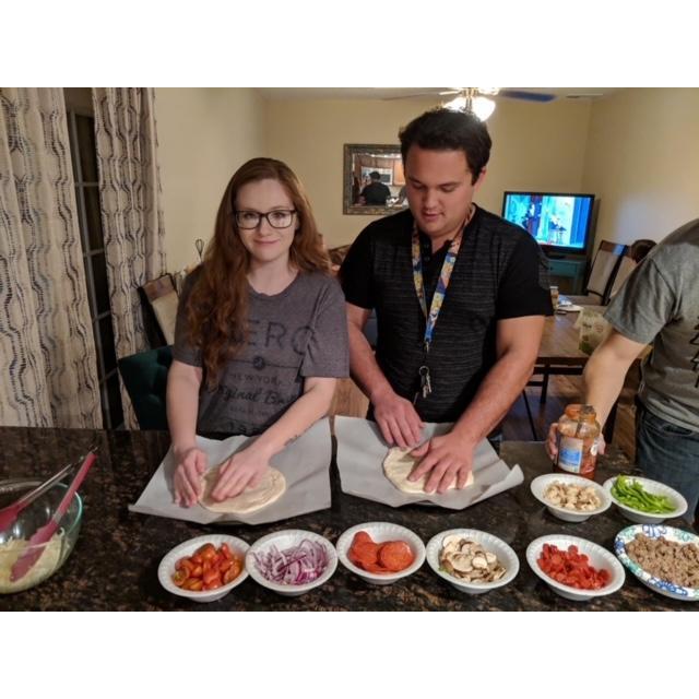 Making homemade pizzas at Rosario's house.