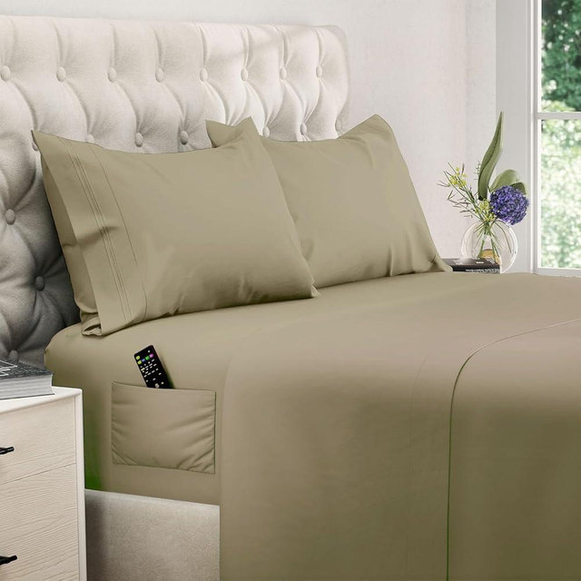 DREAMCARE King Size Sheets Set - Cooling Bed Sheets - 4pcs Set - up to 15" Deep Pocket King Sheet Set – Soft & Long Lasting Cooling - 100% Fine Brushed Polyester with Side Pocket - Eucalyptus