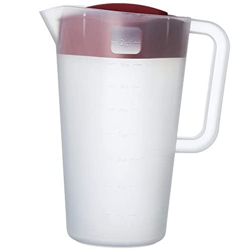 Good Cook 10659 1/2 Gallon Plastic Straining Pitcher Square Lid with 3 Strainers and Close No Spill, Dishwasher Safe, Clear and Red