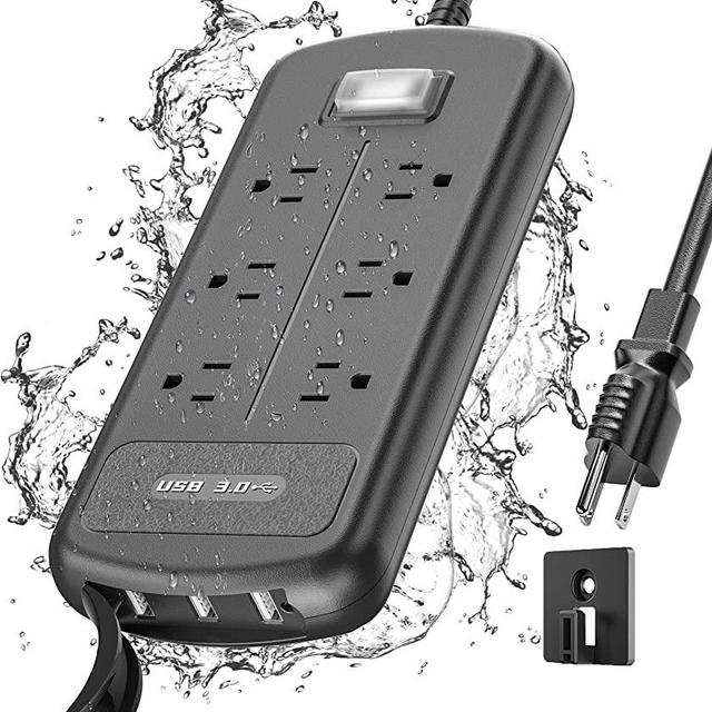 USB Outdoor Power Strip Weatherproof, Waterproof Surge Protector with 3 USB Ports and 6 Outlets, 6 FT Extension Cord, Shockproof Overload Protection, Mountable for Home Office Patio Porch, Black