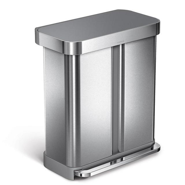 simplehuman 58 Liter / 15.3 Gallon Rectangular Dual Compartment Recycling Step, Brushed Stainless Steel with Soft-Close Plastic Lid Kitchen Trash Can