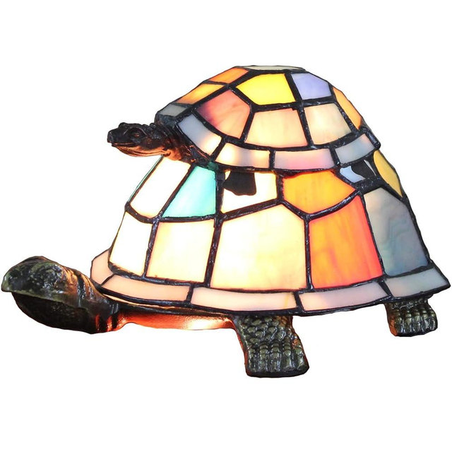 Bieye L10217 Tortoise Tiffany Style Stained Glass Accent Table Lamp for Bedside Living Room Bedroom (Multi-Colored Double)