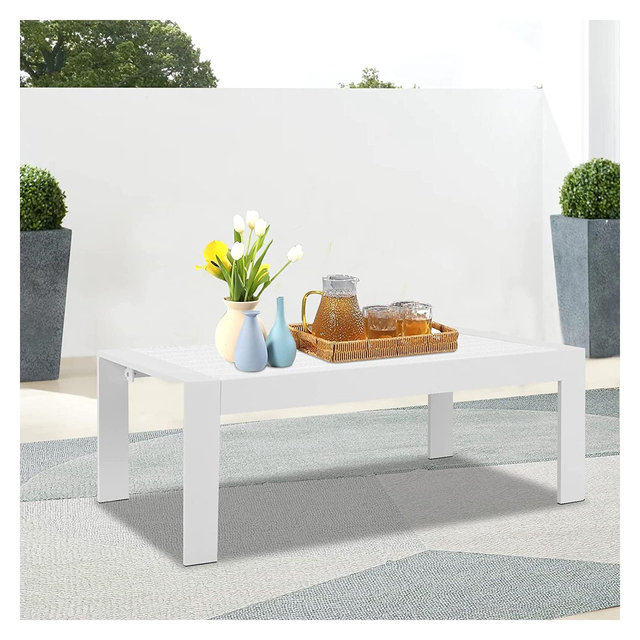 Heynemo Aluminum Outdoor Patio Furniture Coffee Table, All-Weather Metal Coffee Table, Modern Rectangle Coffee Table for Balcony, Garden, White Set of