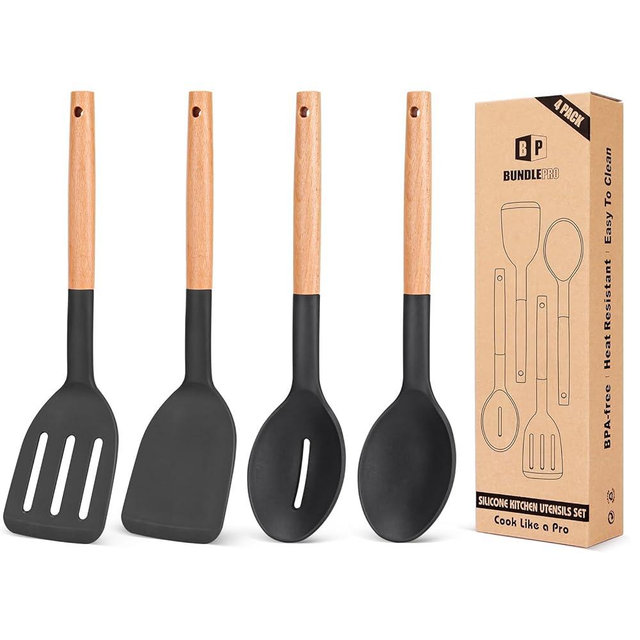 Pack of 4 Silicone Cooking Utensils Set, Non Stick Solid Spatulas and Heat Resistant Slotted Spoons with Wooden Handle, Ideal Wood Kitchen Utensils Set for Frying,Serving,Turning,Stirring (BLACK)