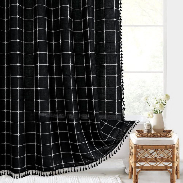Gibelle Black Boho Farmhouse Shower Curtain with Tassels, Rustic Cottagecore Aesthetic Bohemian Chic Modern Bathroom Decor Thick Waffle Textured Fabric Shower Curtain Set with Hooks, 72x72