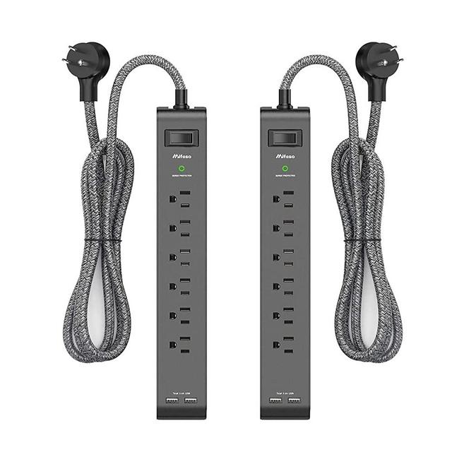 2 Pack Surge Protector Power Strip with 6 Outlets 2 USB Ports, 5-Foot Long Heavy-Duty Braided Extension Cords, Flat Plug, 900 Joules, 15A Circuit Breaker, Wall Mount for Home Office